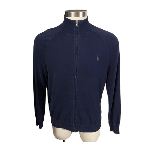 Polo Ralph Lauren Men Navy Blue Green Pony Knit Full Zip Jacket Sz L 100% Cotton - Picture 1 of 12